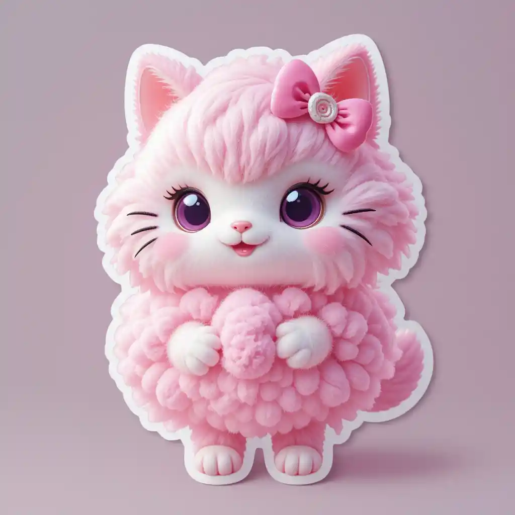 Cute 3D cotton candy cat sticker on white background