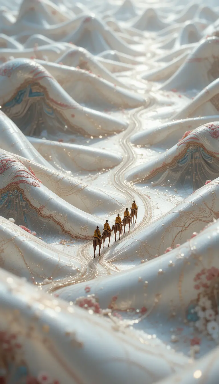 People riding camels across a luminous satin landscape