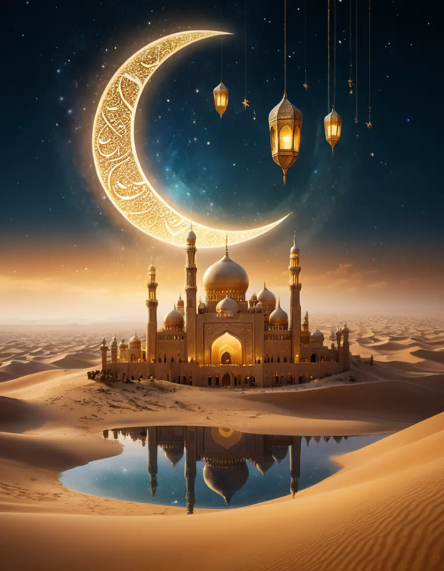 Celestial ramadan lantern above futuristic crystal mosques