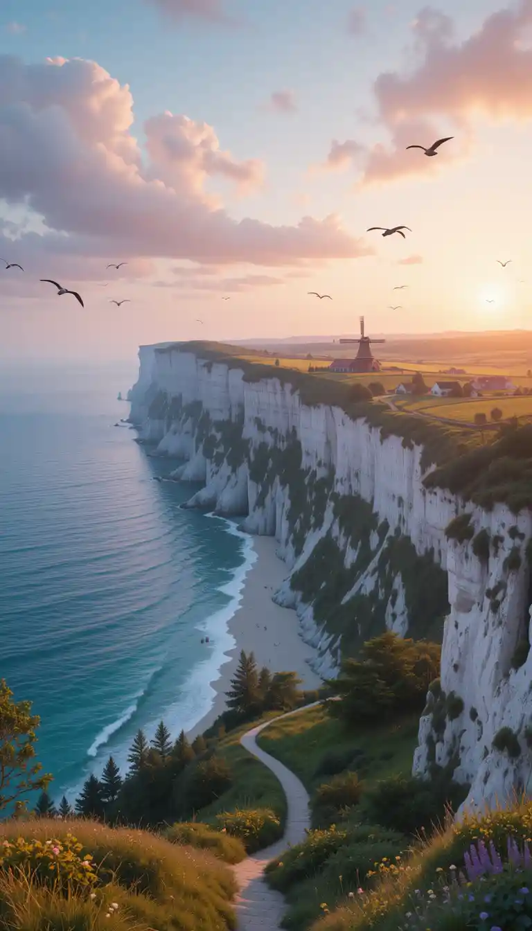 Danish chalk cliffs over turquoise sea at sunset