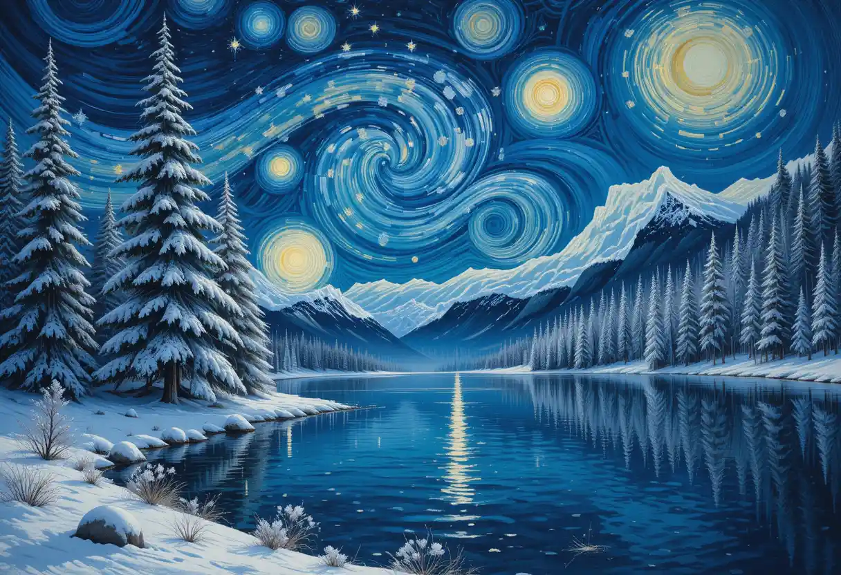 Snowy winter lake and trees under a glowing full moon