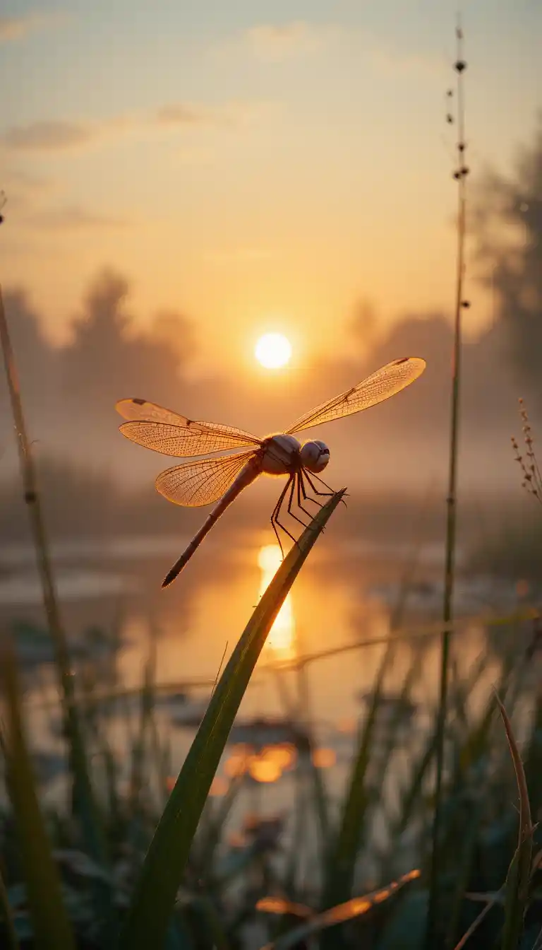 Libelle in Nahaufnahme auf Gras bei Sonnenuntergang an einem Teich