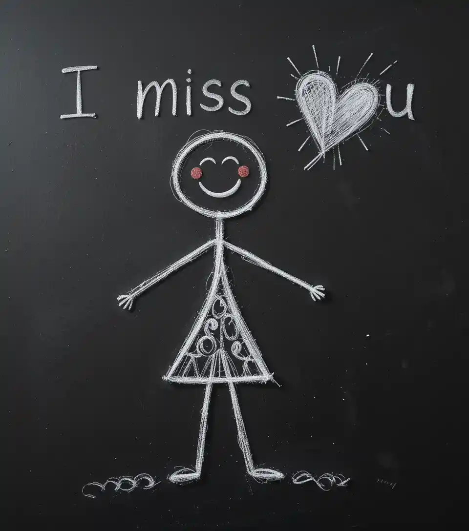 Chalk Stick Figure With I Miss You Heart On Blackboard