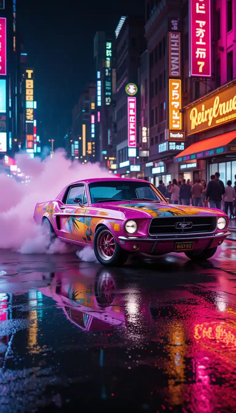 Heiße pinke Muscle-Car-Burnouts von 1968 auf einer Neon-Stadtstraße
