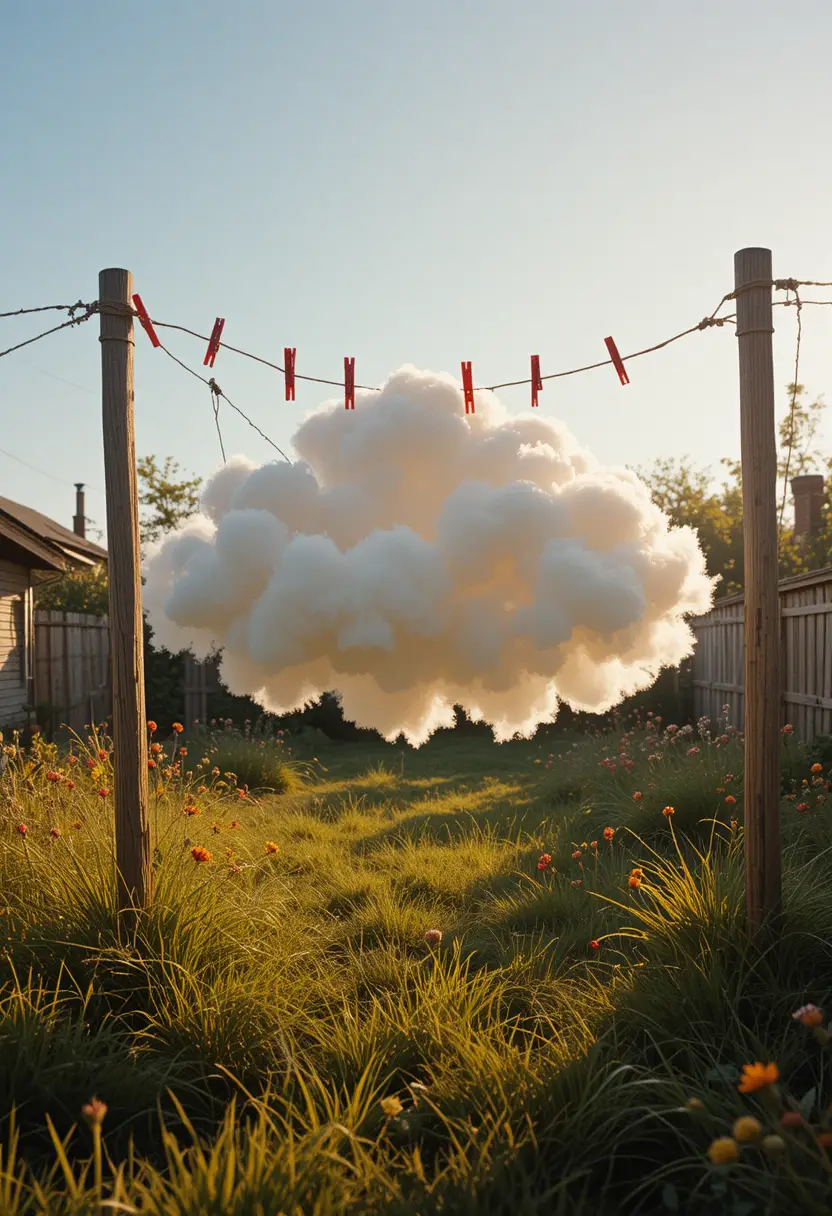 Surreal cloud hanging on a clothesline in a backyard