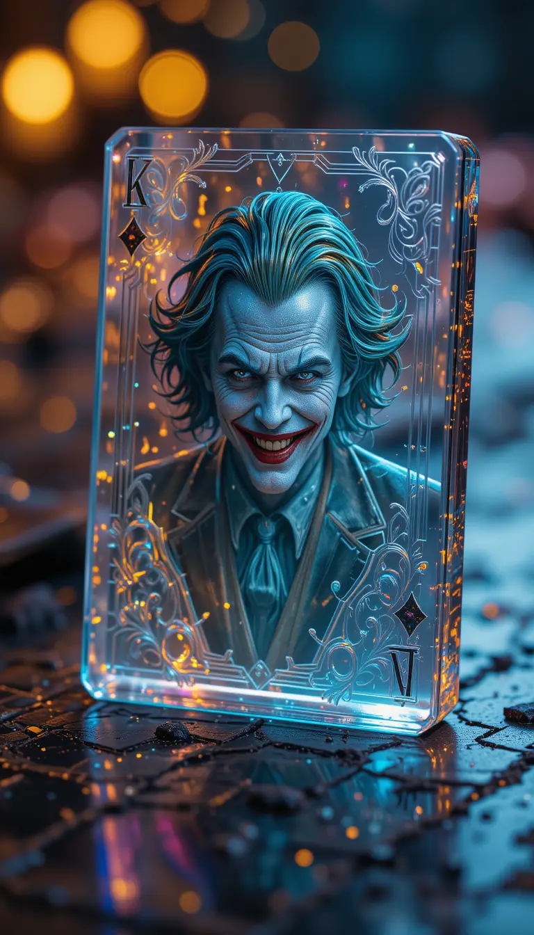 Close up crystal joker playing card with holographic light