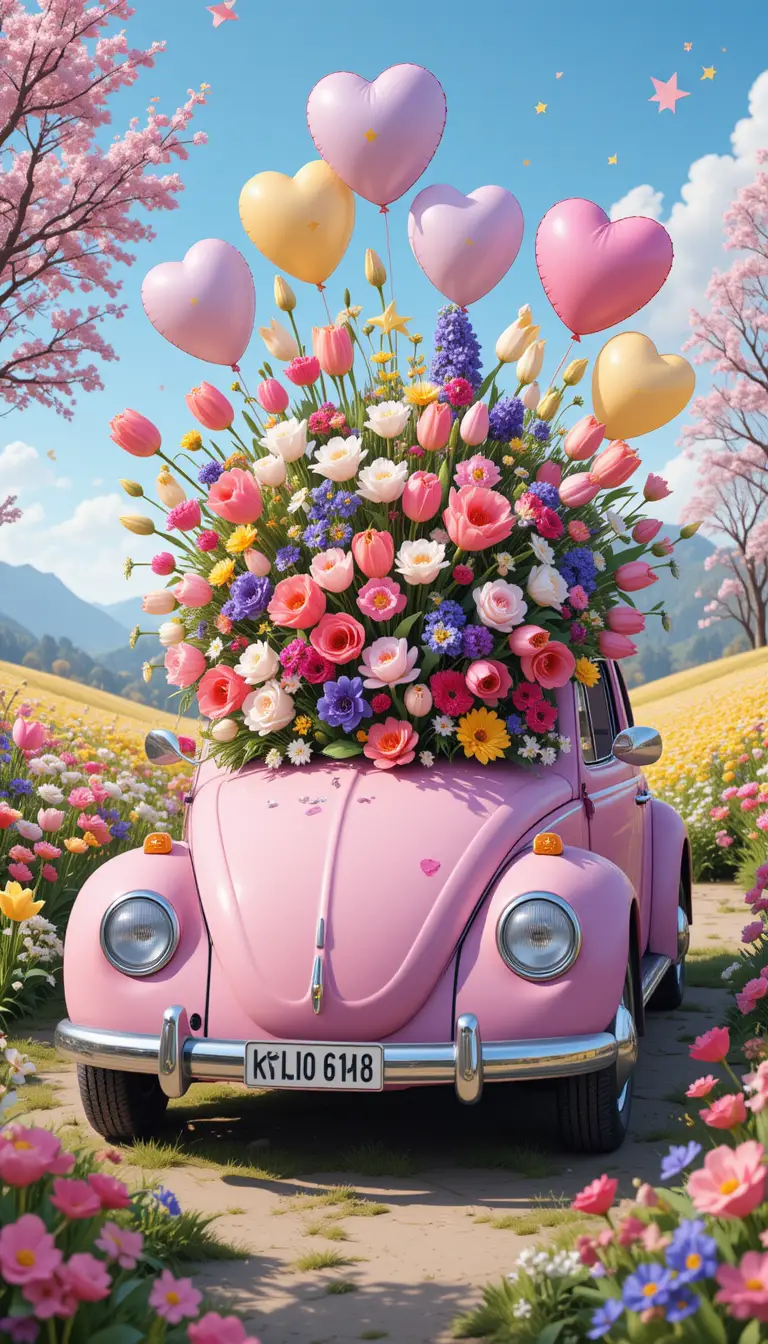 Rosa Cartoon-Käferauto mit Frühlingsblumen und Luftballons