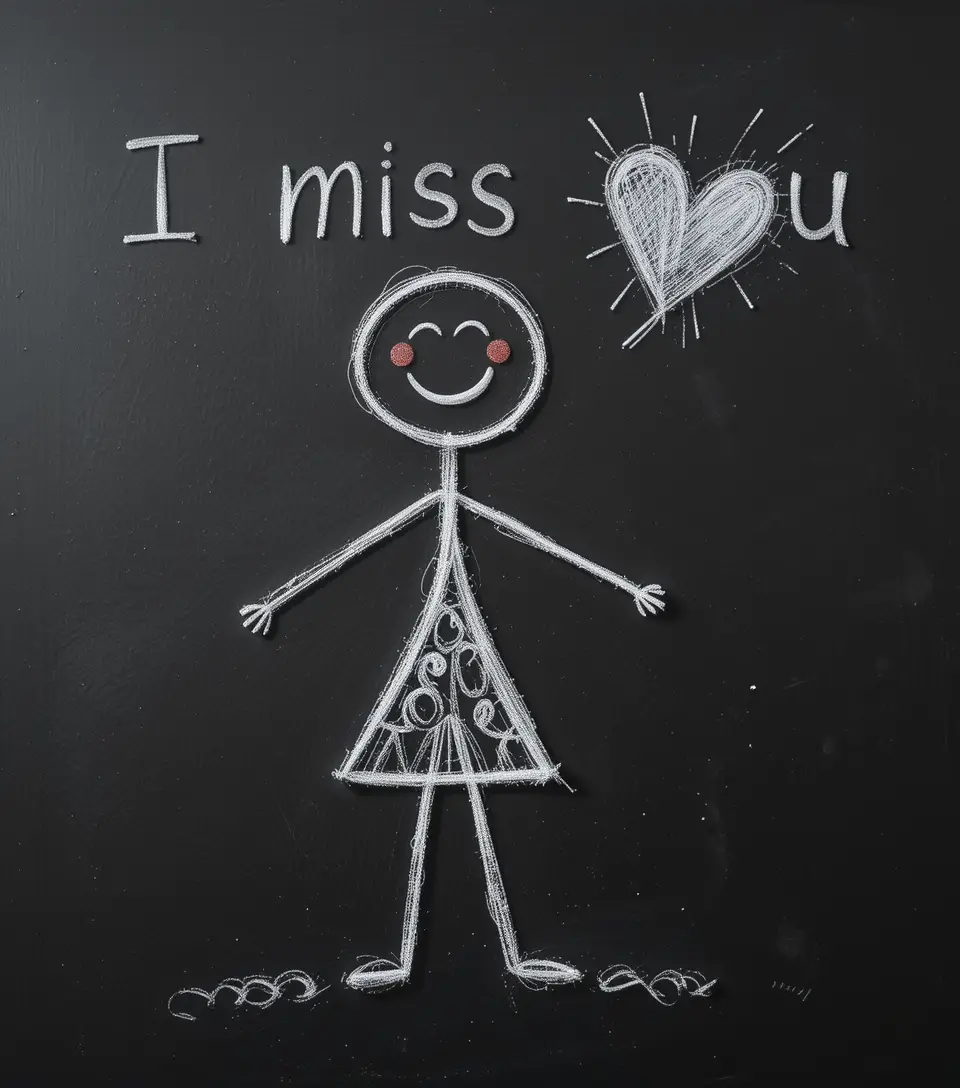 Chalk Stick Figure With I Miss You Heart On Blackboard