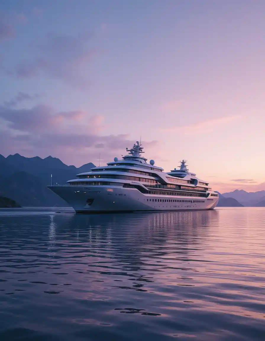 Futuristic silver cruise ship on a calm twilight ocean