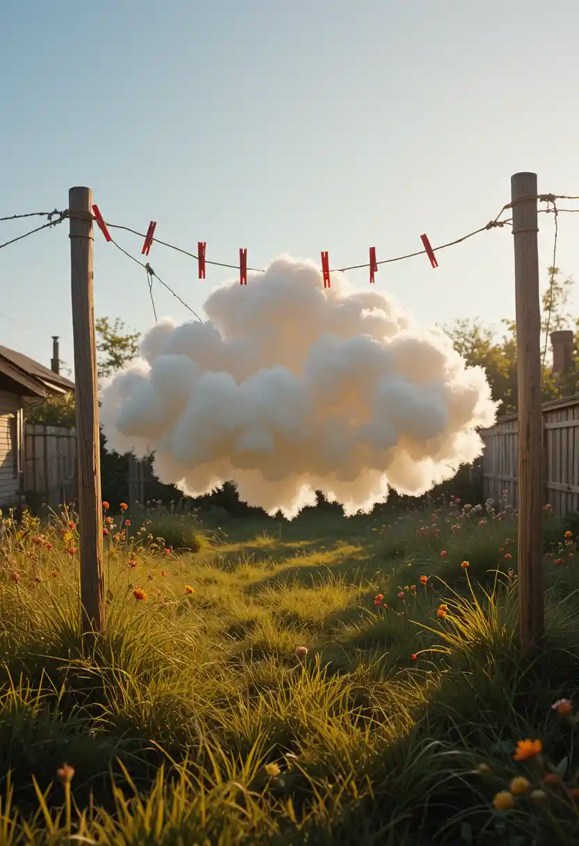 Surreal cloud hanging on a clothesline in a backyard