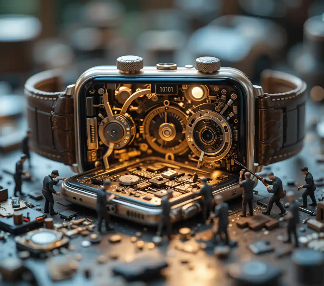 Miniature craftsmen repairing a giant smartwatch in detail