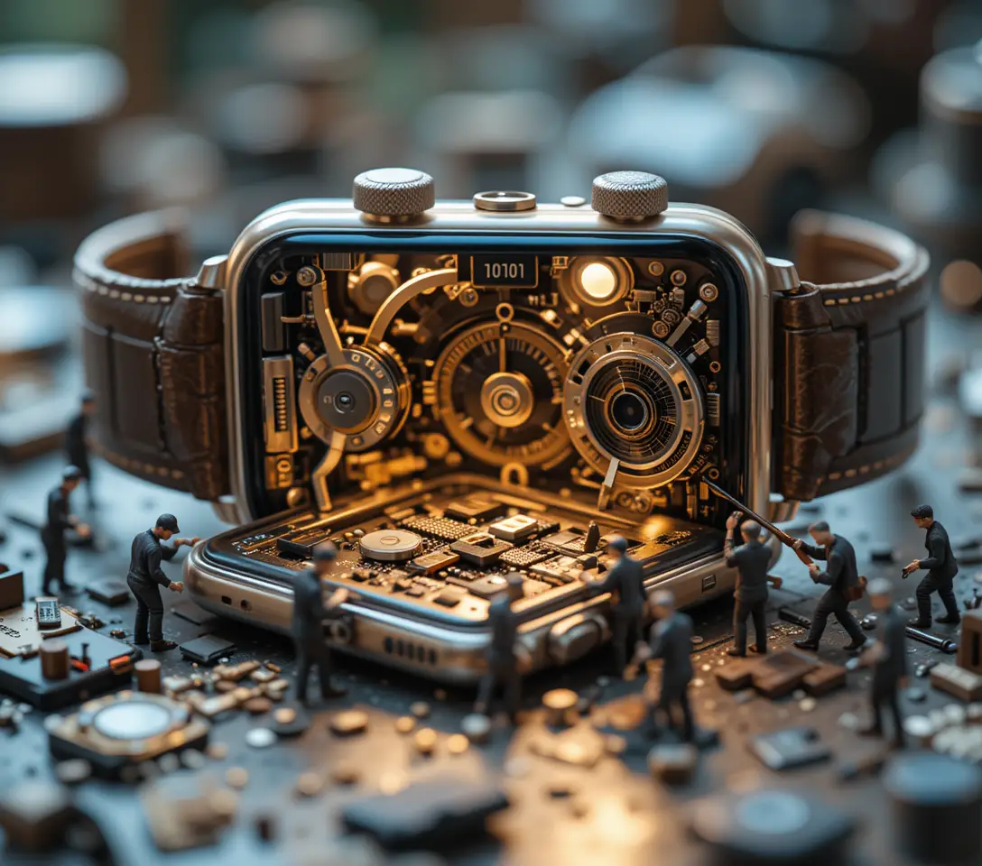 Miniature craftsmen repairing a giant smartwatch in detail