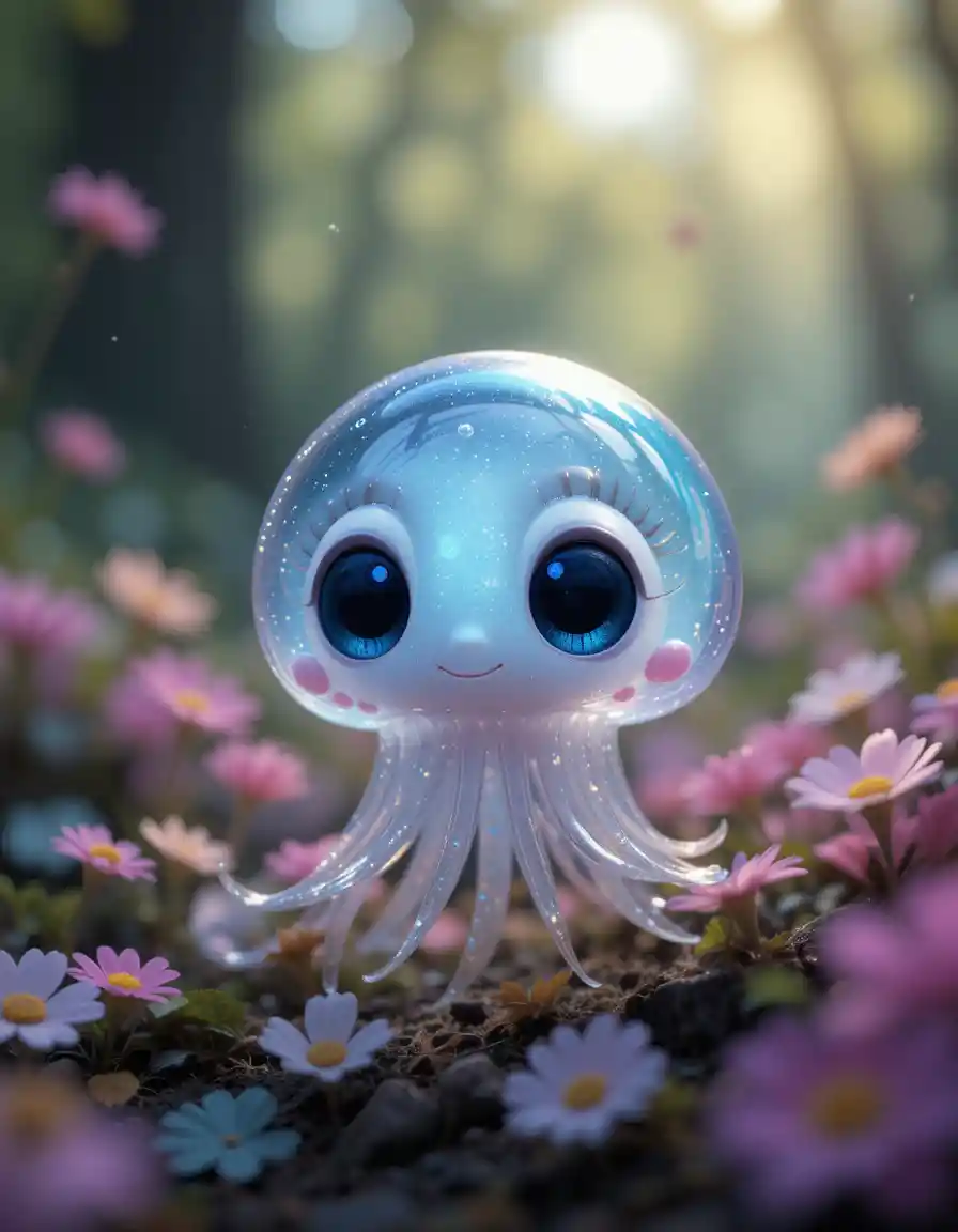 Cute glass jellyfish creature in a magical forest