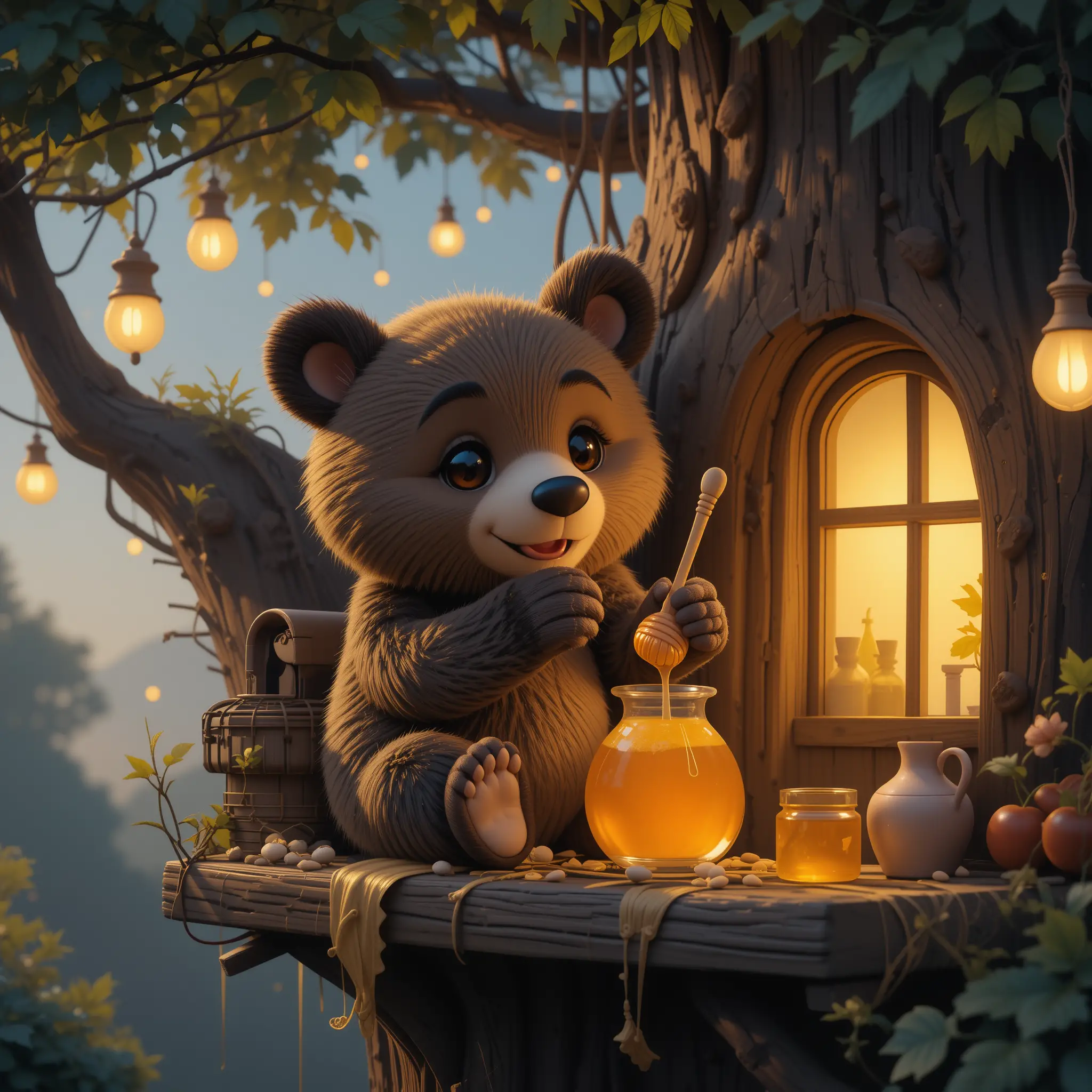 Cute Bear Enjoying Honey In A Forest Tree Home