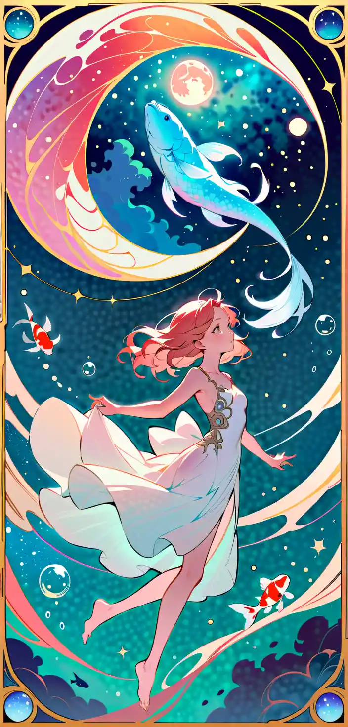 Underwater abstract portrait of a girl with koi fish