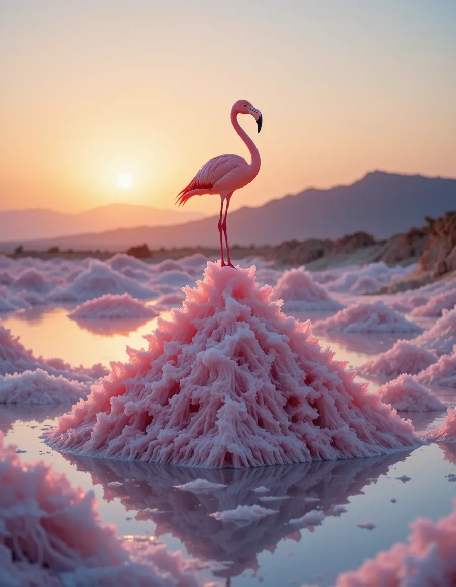 Flamingo On Pink Salt Pyramid At Golden Ibiza Sunset