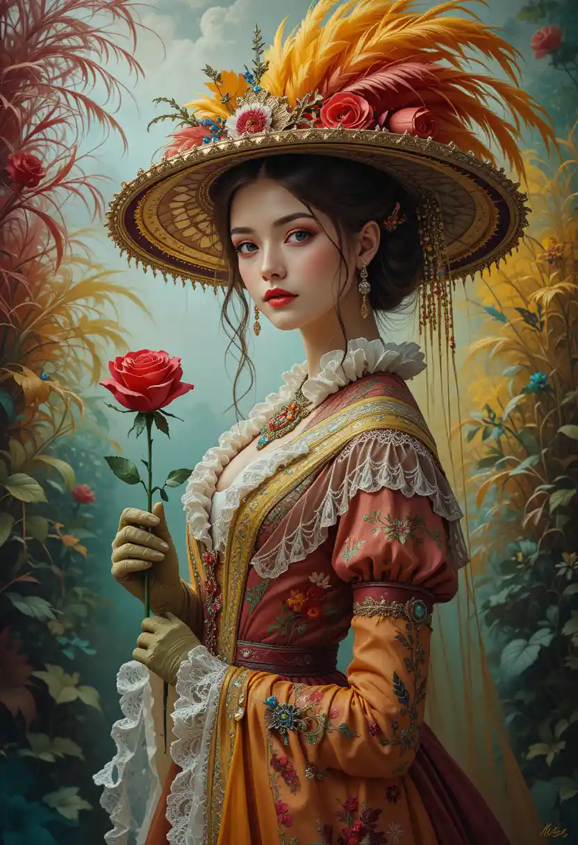Victorian lady holding a rose in ornate fantasy portrait