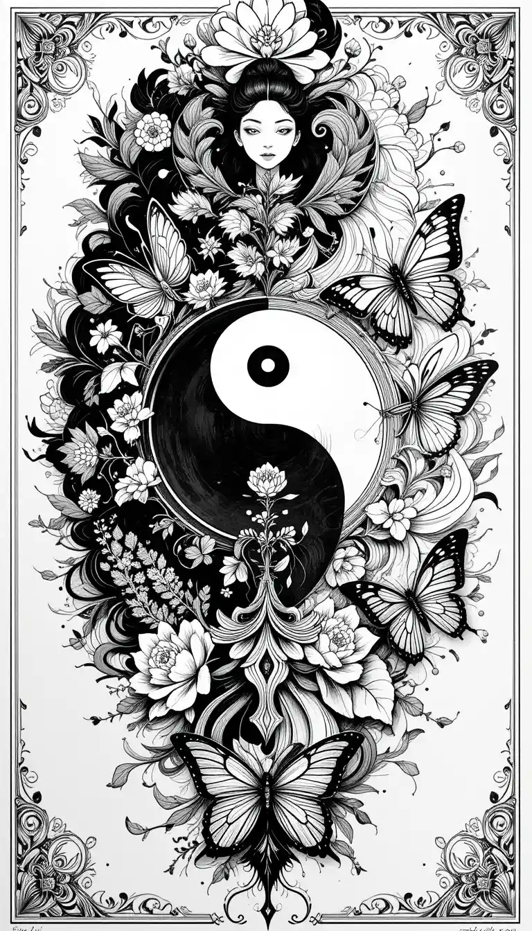 Black And White Ink Yin Yang Illustration With Butterflies