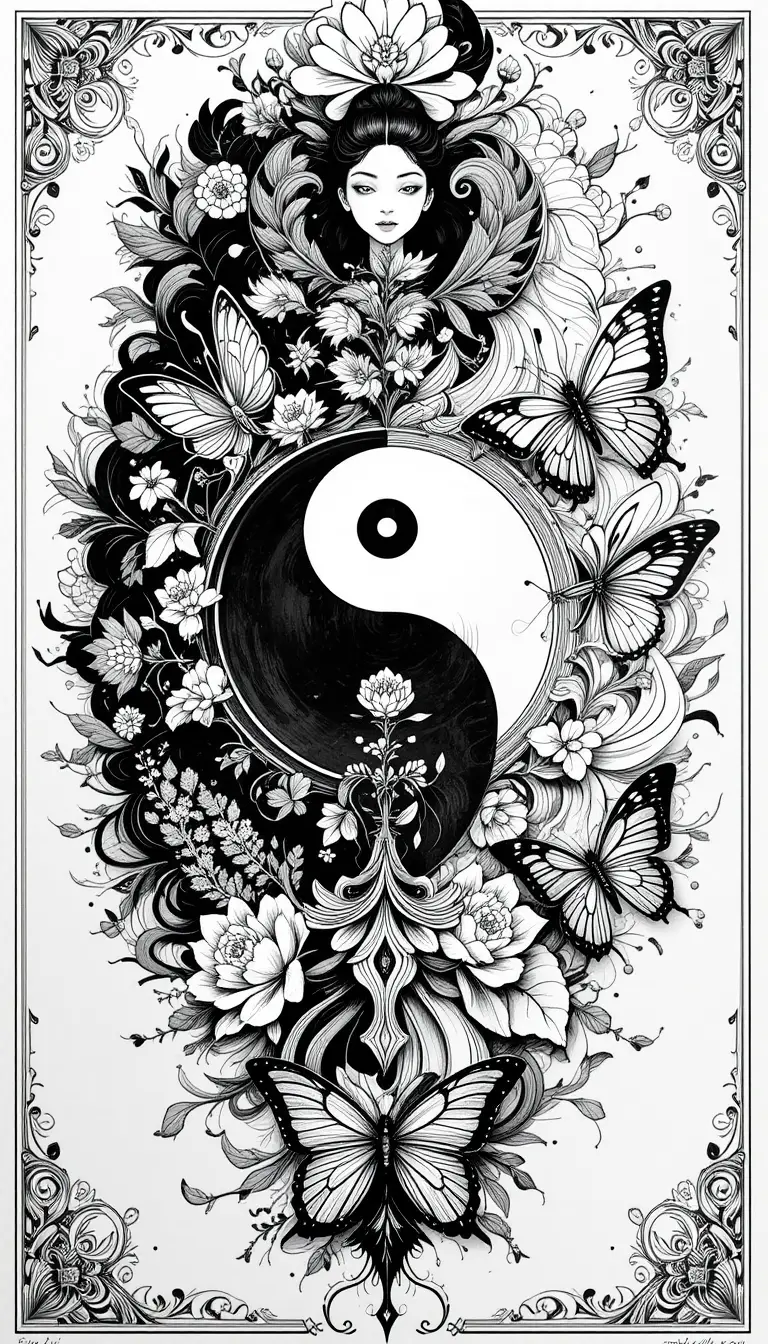 Black And White Ink Yin Yang Illustration With Butterflies