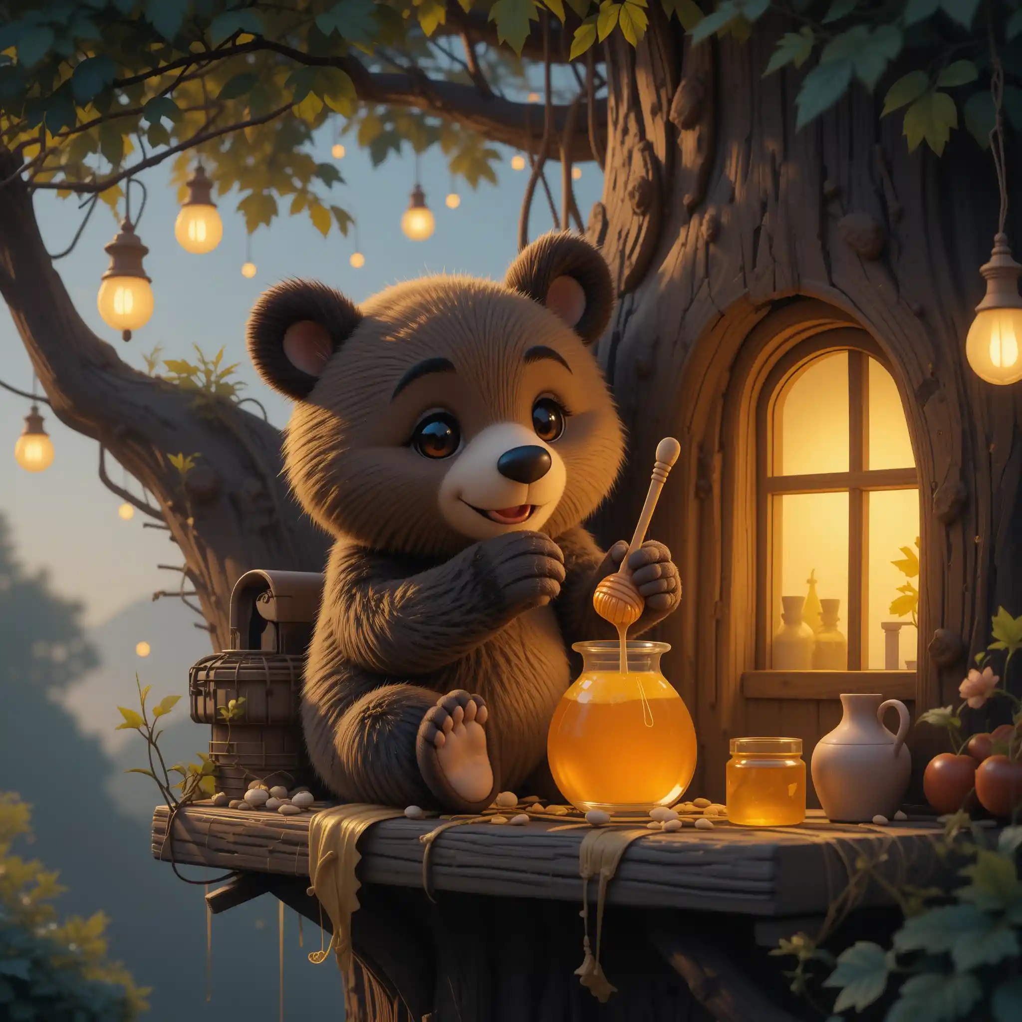 Cute Bear Enjoying Honey In A Forest Tree Home