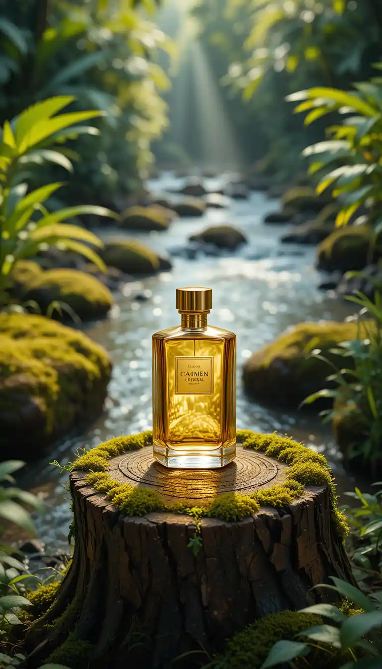 Gold perfume bottle on tree trunk by a river