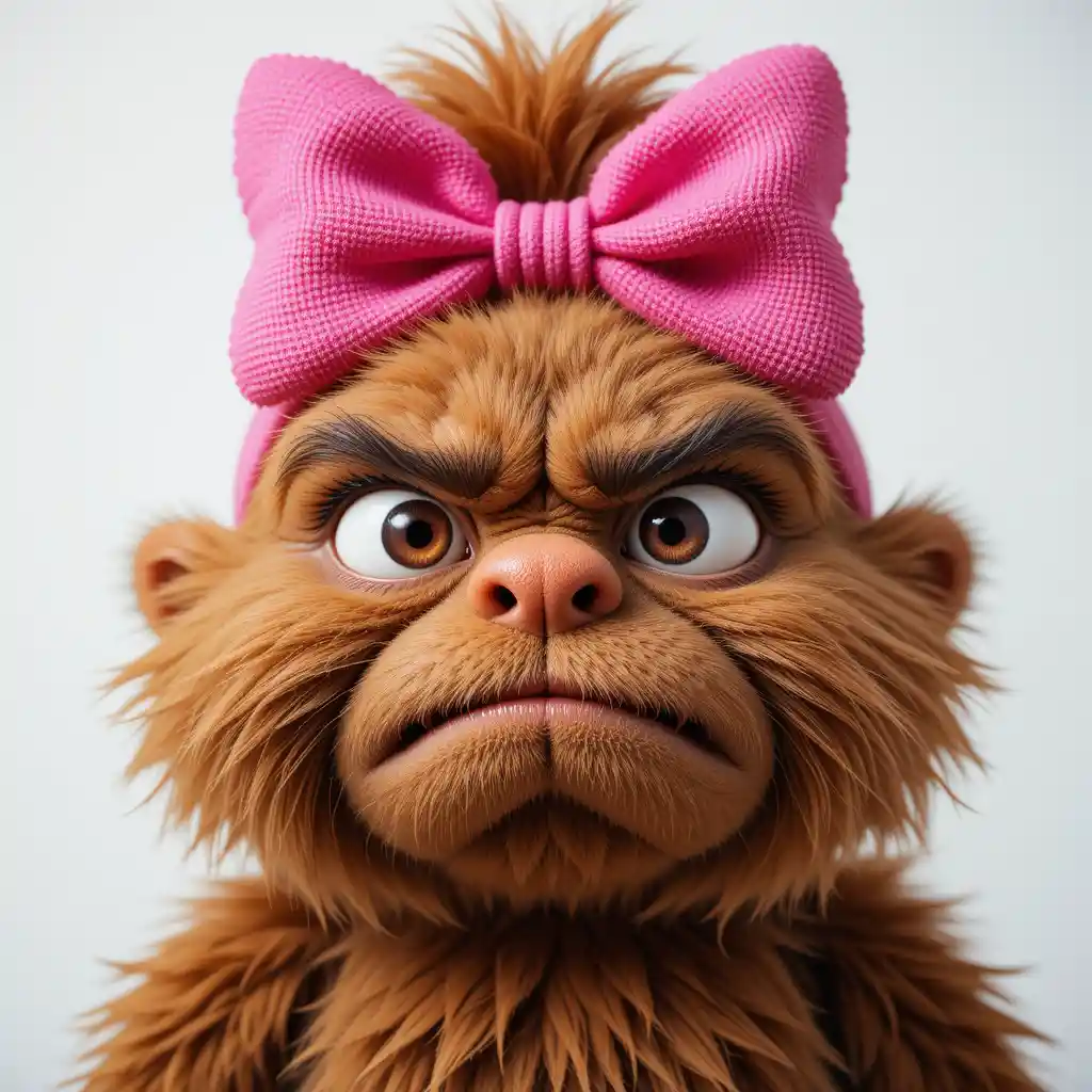 Disgusted Fluffy Brown Character With Pink Bow Portrait