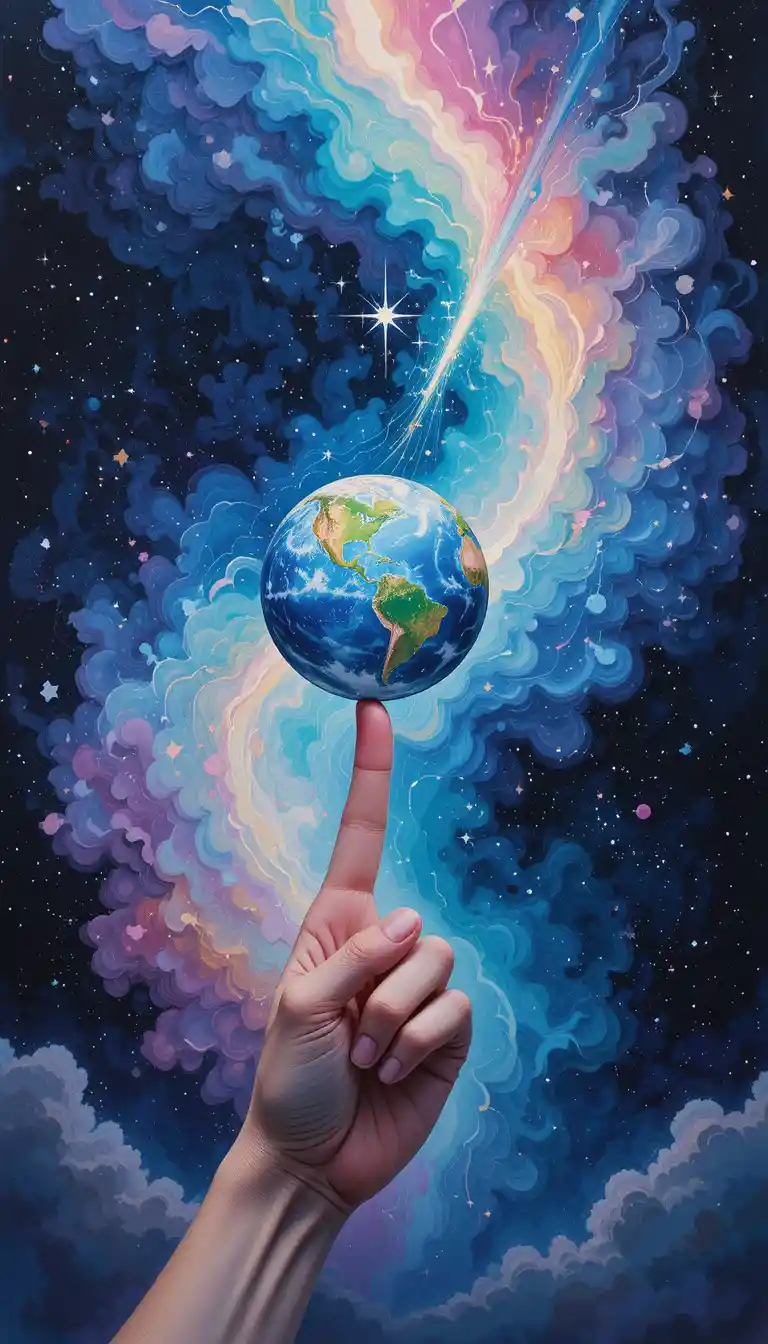 Dreamlike globe spinning on a finger in outer space