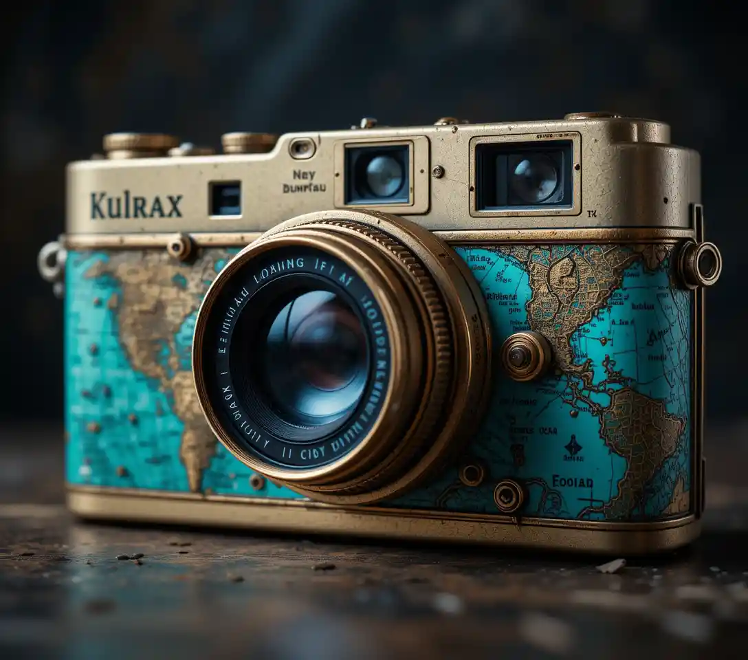 Fotocamera turchese vintage con design a mappa su sfondo scuro