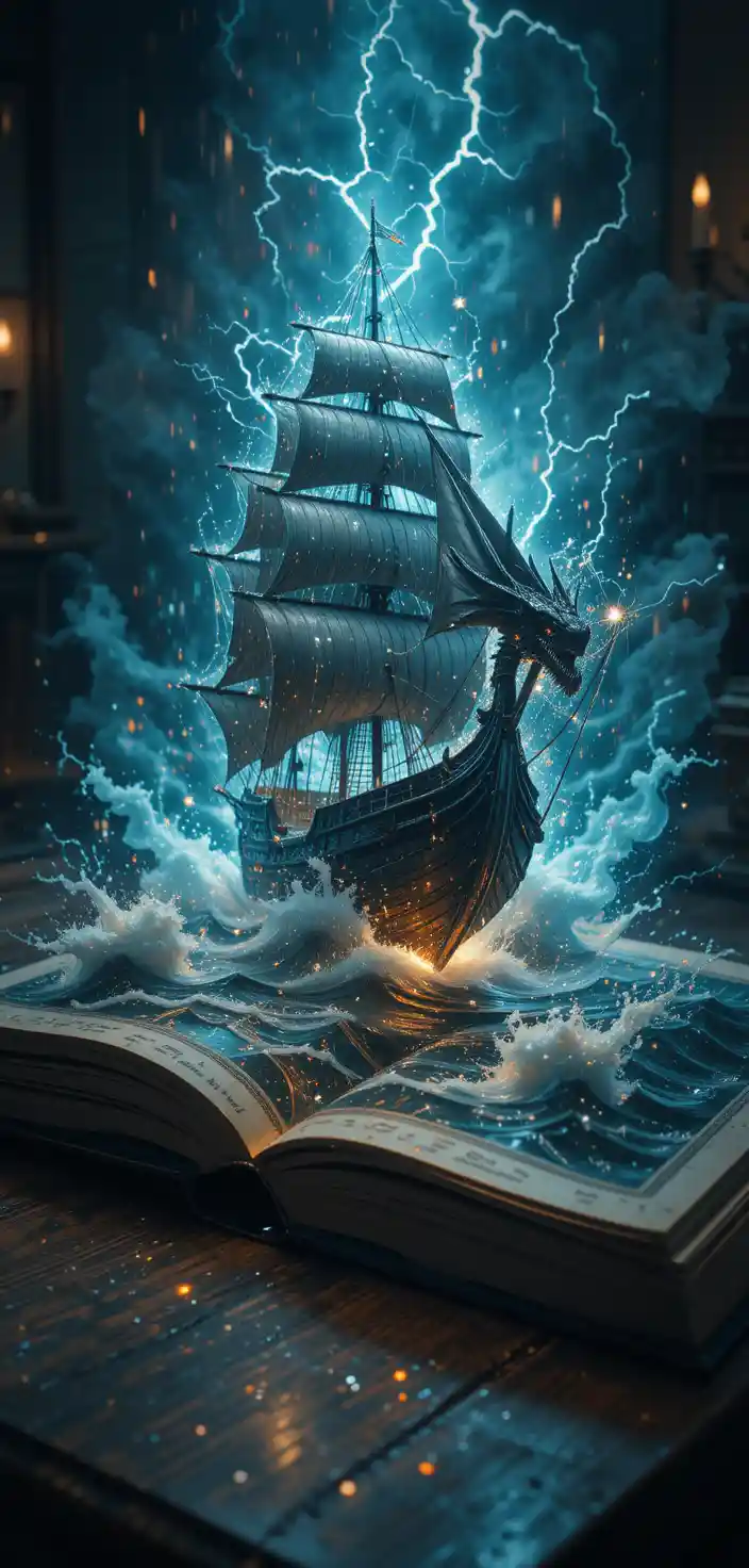 Nave Vichinga Surreale e Drago che Sorgono da un Libro Aperto