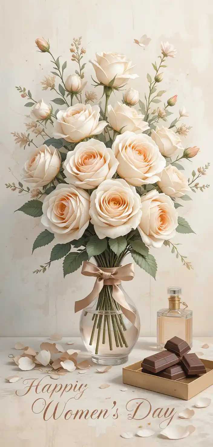 Watercolor bouquet of white roses with ribbon and petals