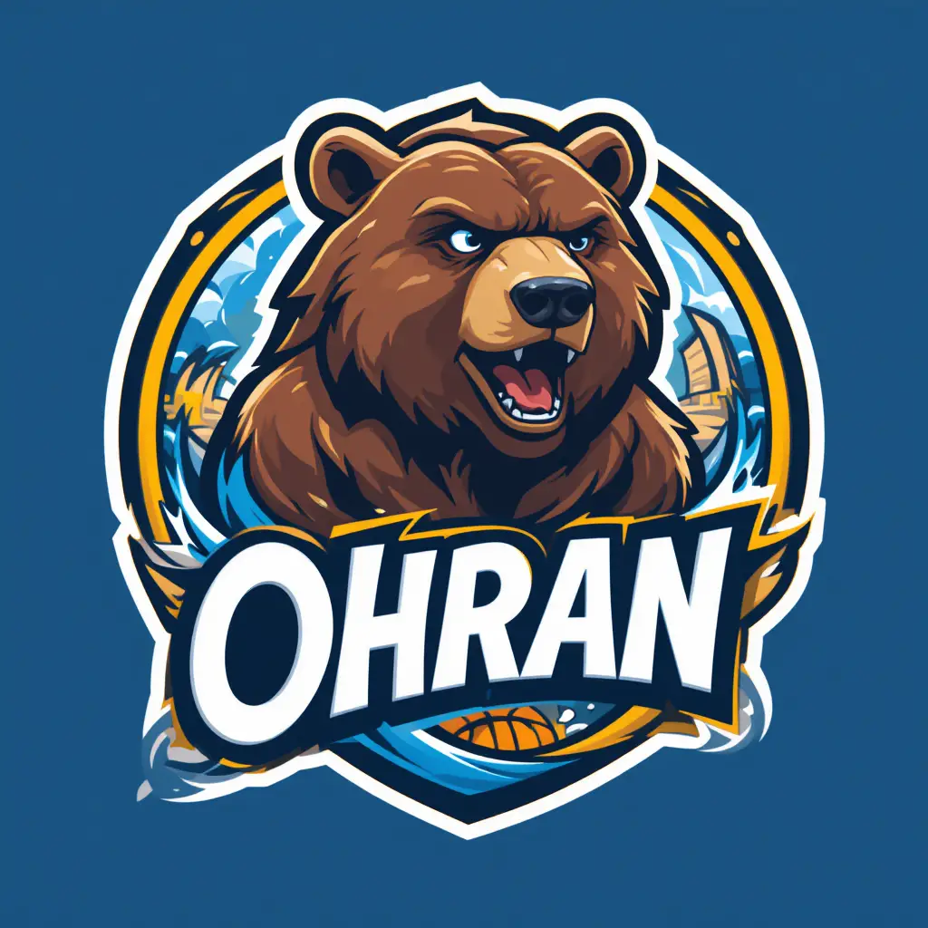 Cartoon brown bear basketball logo with water and mill