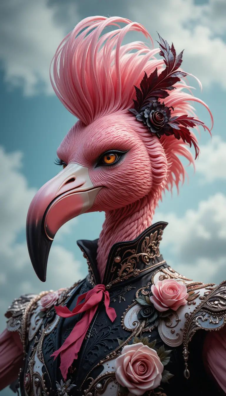 Fantasy flamingo faced man in leather flamenco outfit