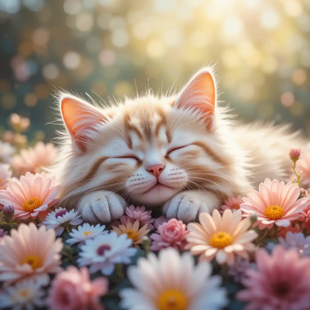 Fluffy cat sleeping peacefully on a bed of flowers