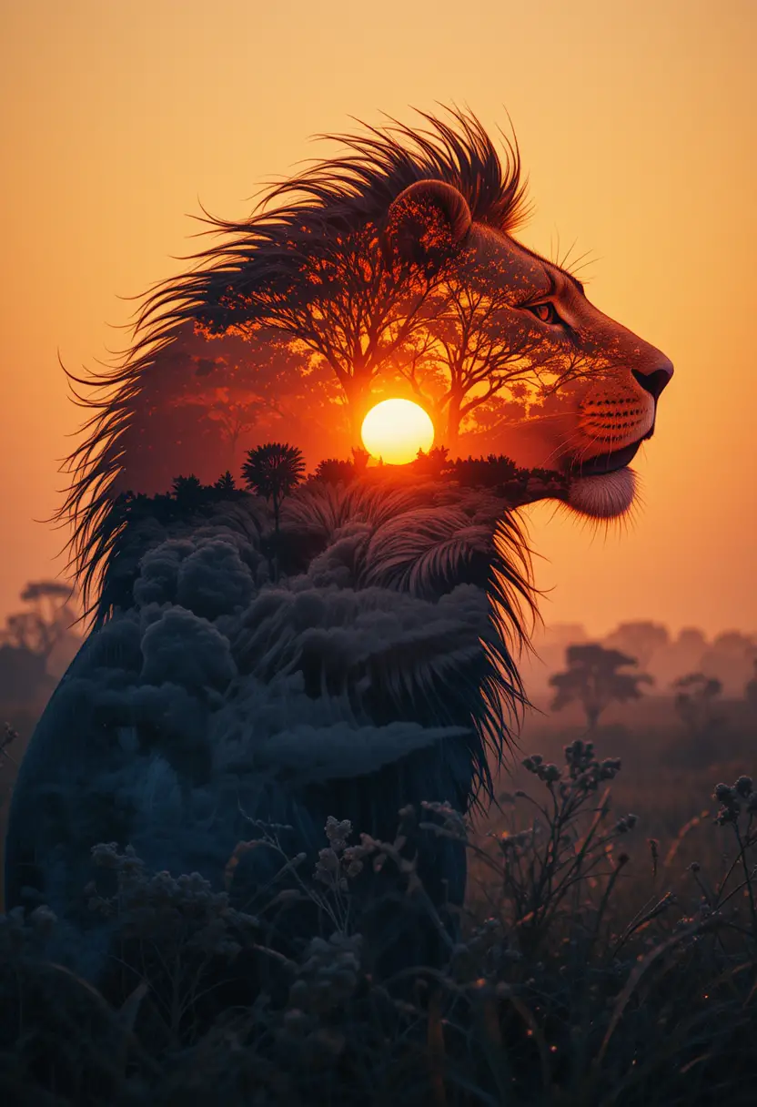 Lion silhouette against a colorful savanna sunrise