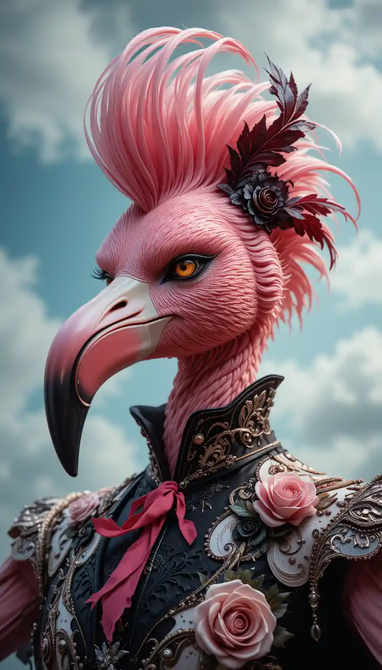 Fantasy flamingo faced man in leather flamenco outfit