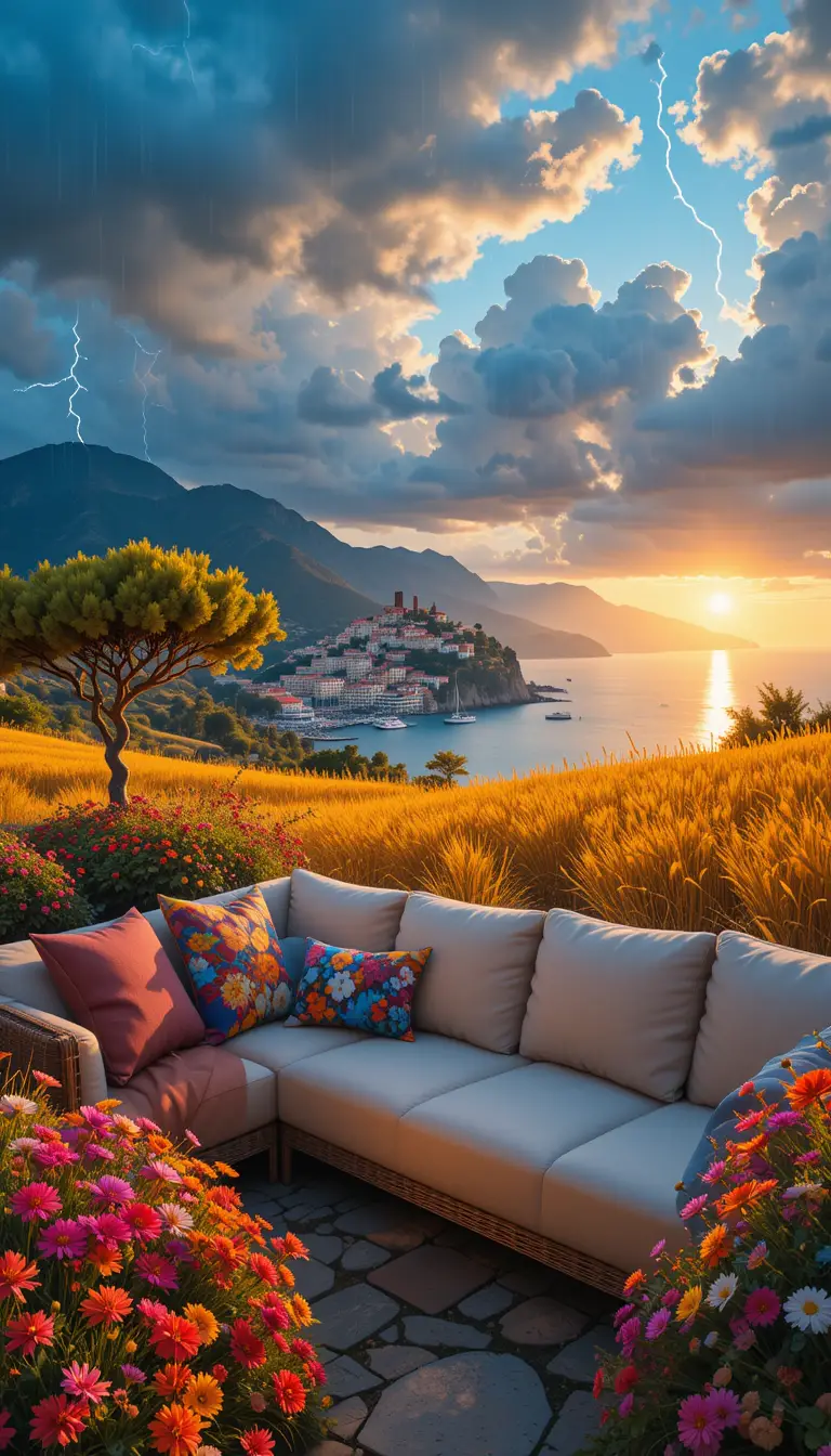 Mediterranean patio sofa overlooking a colorful seaside town