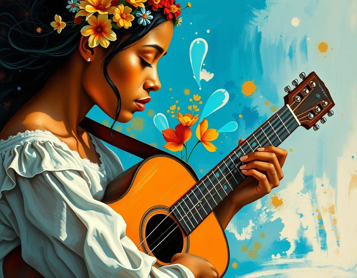 Expressionist portrait of woman guitarist with wildflower crown