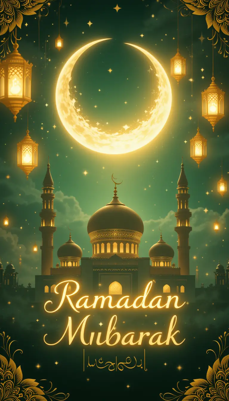 Ramadan background with glowing crescent moon and mosque