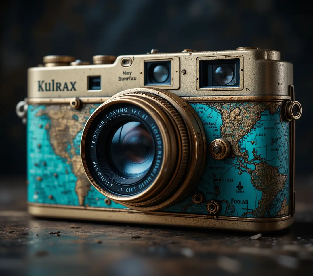 Vintage turquoise camera with map design on dark background