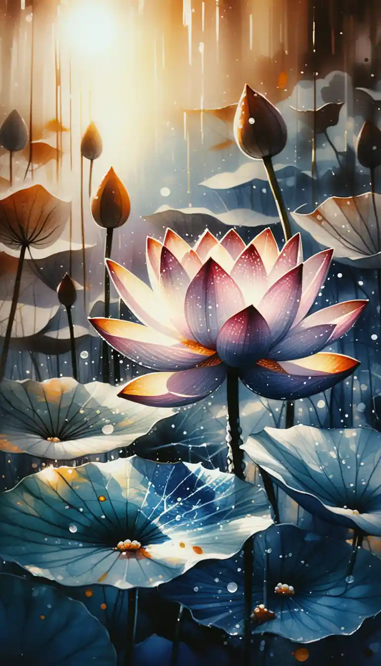 Abstract watercolor close up of lotus leaves at sunrise