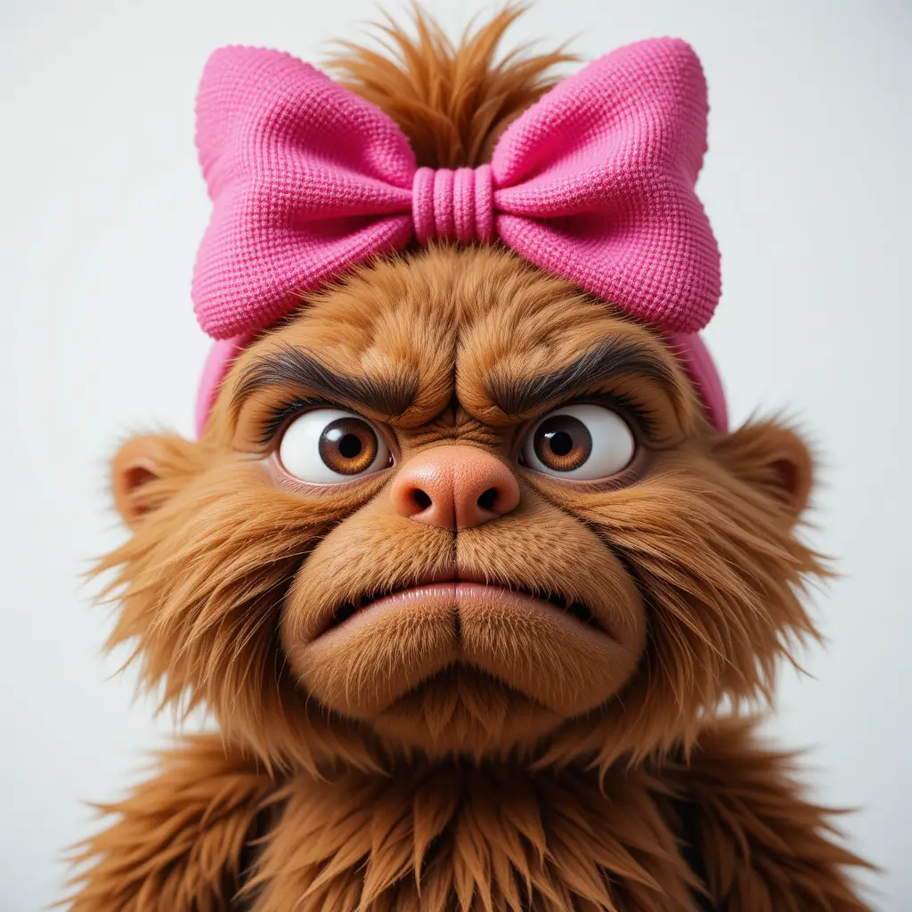 Disgusted Fluffy Brown Character With Pink Bow Portrait