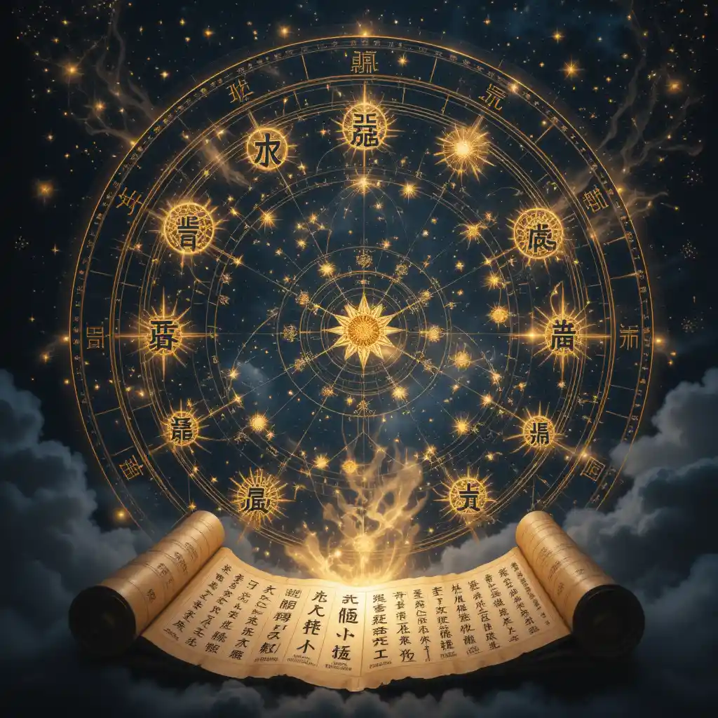 Mystical celestial map of glowing BaZi destiny stars