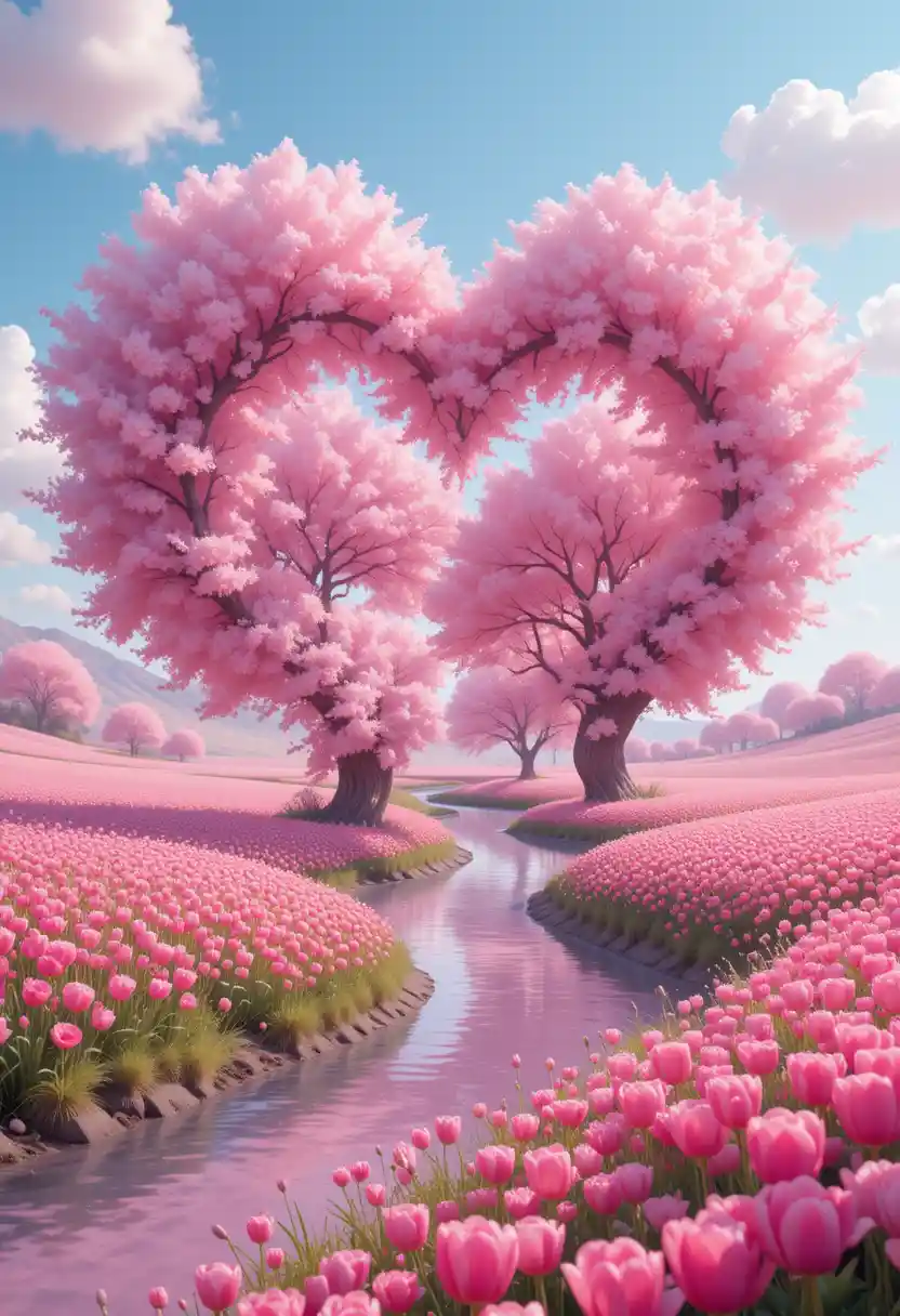 Dreamlike Pink Cherry Blossom River Fantasy Landscape