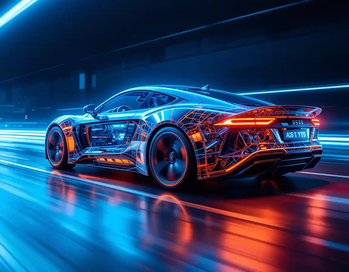 Futuristic Transparent Car Racing Through Neon Motion