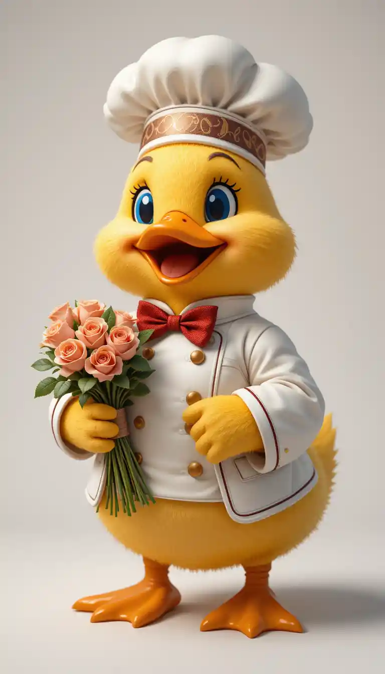 Cute chubby chef duck holding a bouquet of roses