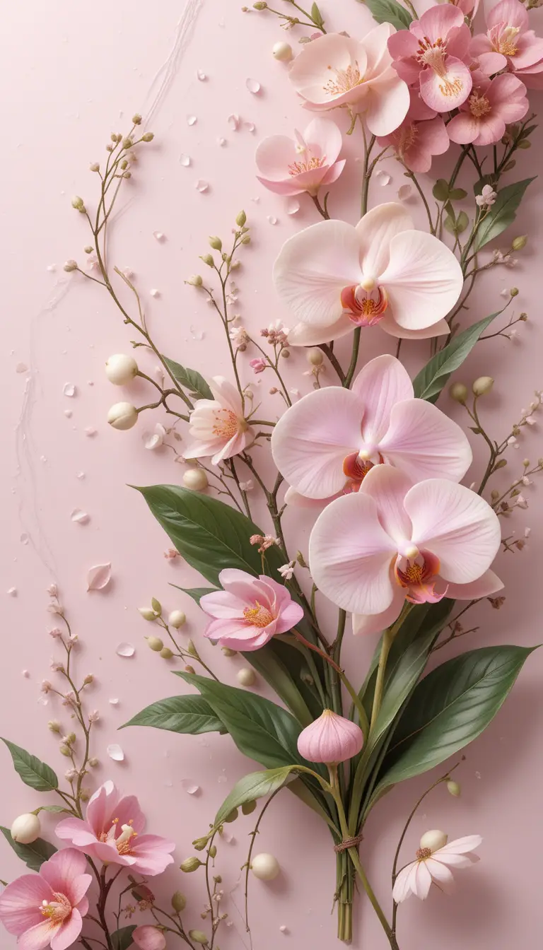 Delicate pink orchid floral background with soft green details