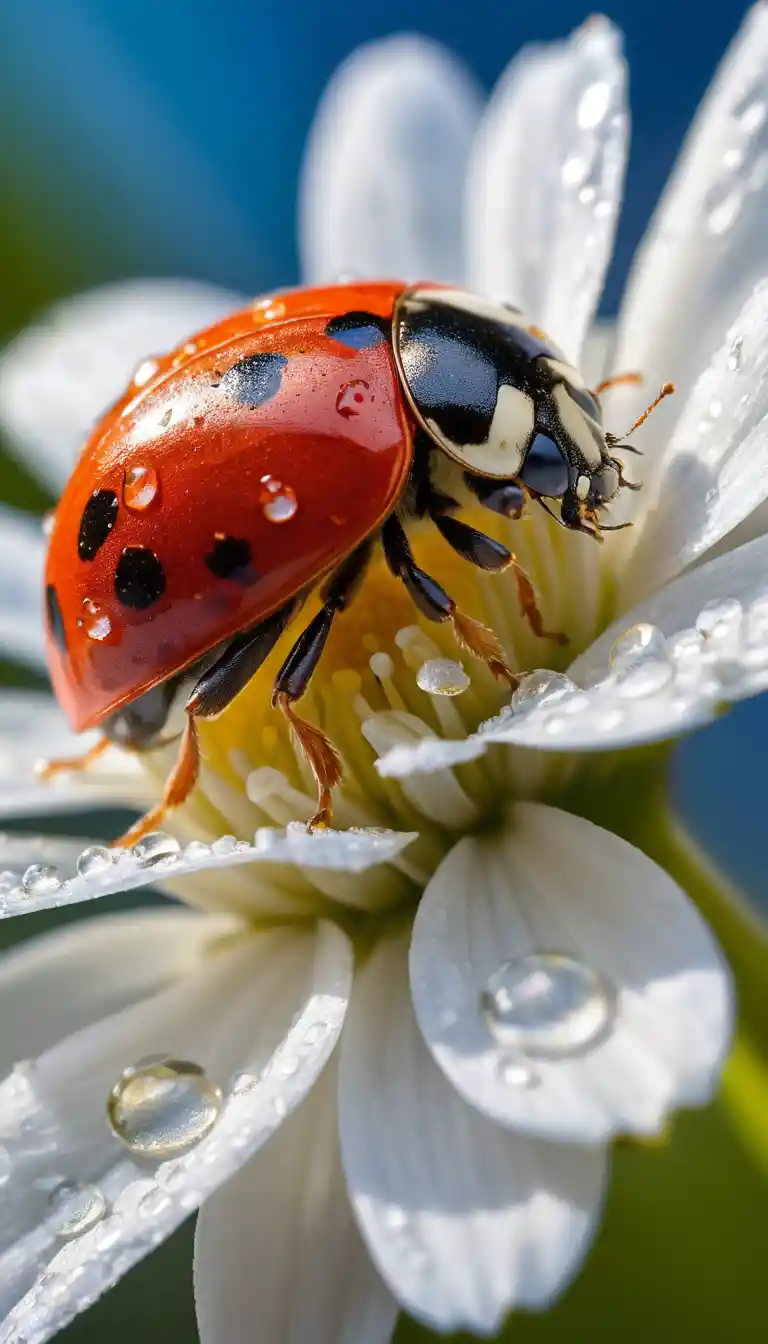 Red ladybug resting on a white flower in sunlight