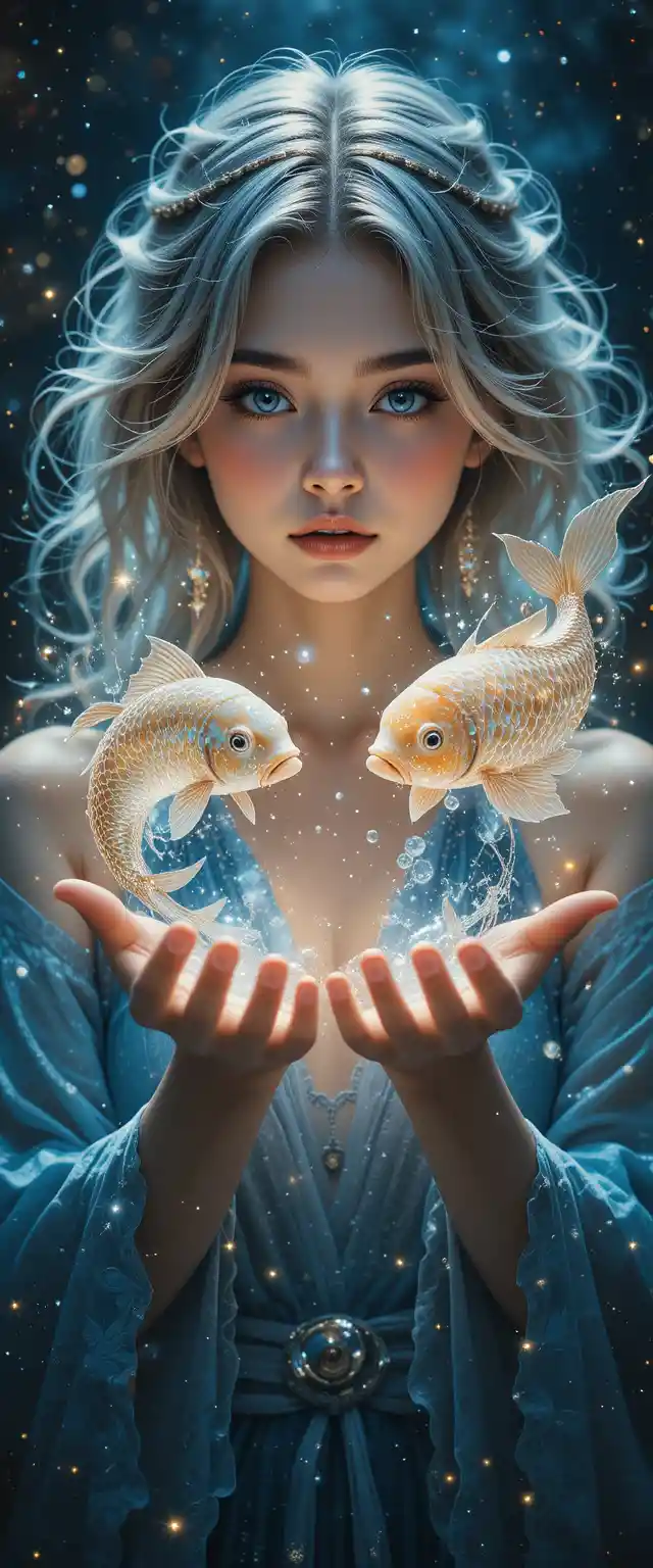 Surreal Pisces girl with glowing celestial koi fish