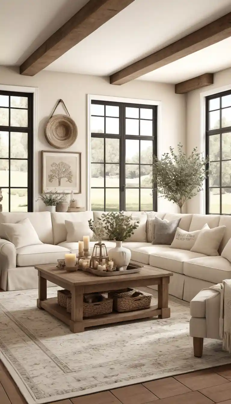 Neutral vintage farmhouse living room with cozy beige decor