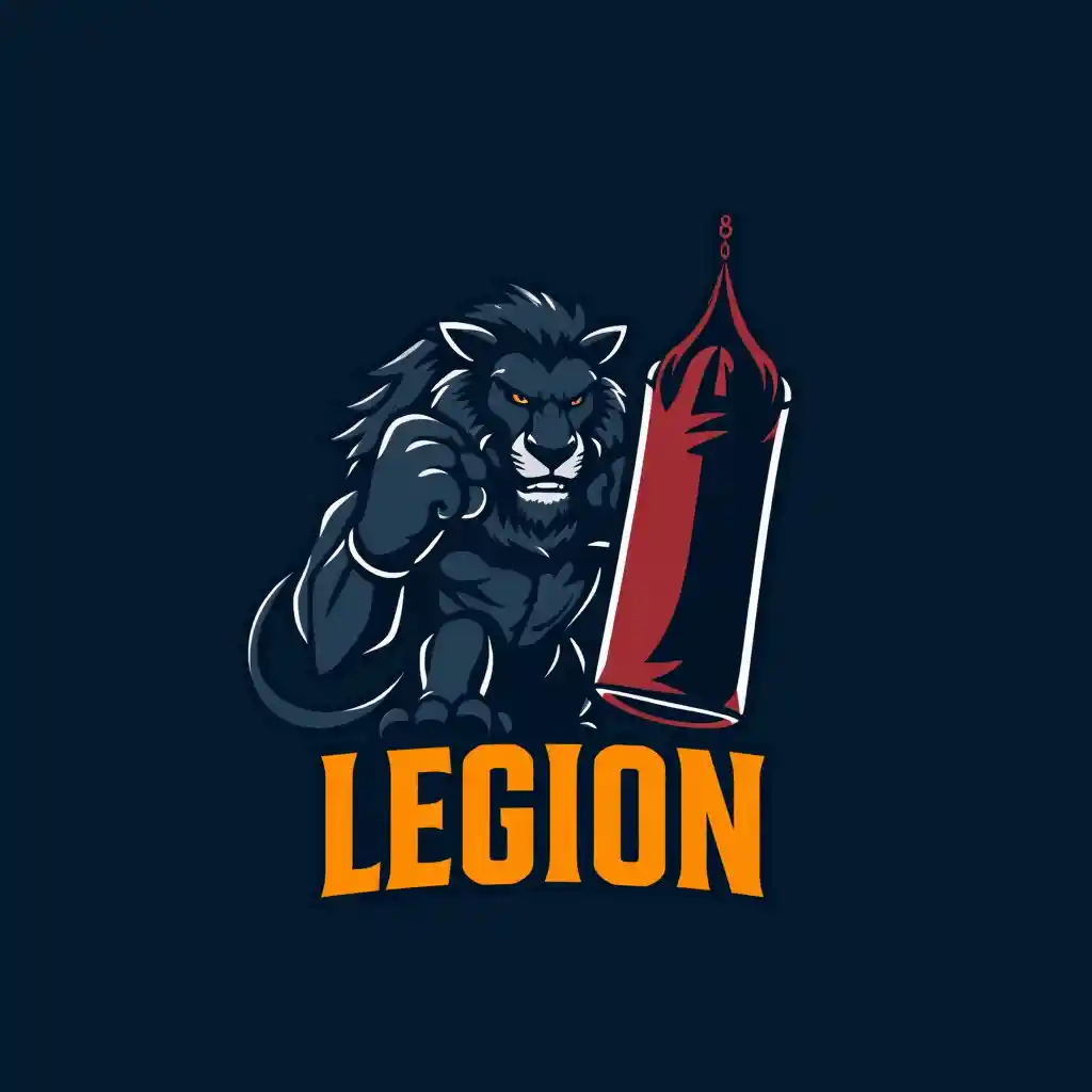 Logo di leone nero muscoloso da boxe su sfondo blu scuro